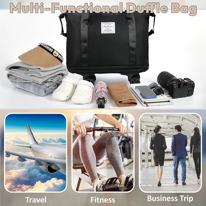 Foldable & Expandable 2-Layer Nylon Duffle Bag with Wheels – Waterproof Travel Luggage for Men & Women