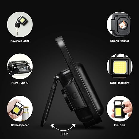 LED Mini COB Magnetic Keychain Flashlight – USB-Rechargeable, 1,000 Lumens, Folding Stand & Bottle-Opener, Black