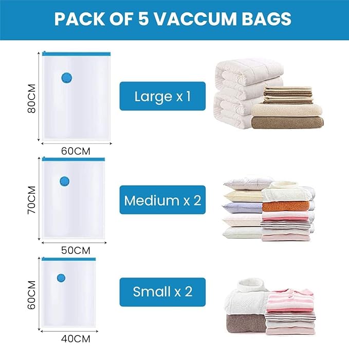 Vacuum Storage Bags with Hand Pump – Save Space, Stay Organized(Pack of 5)