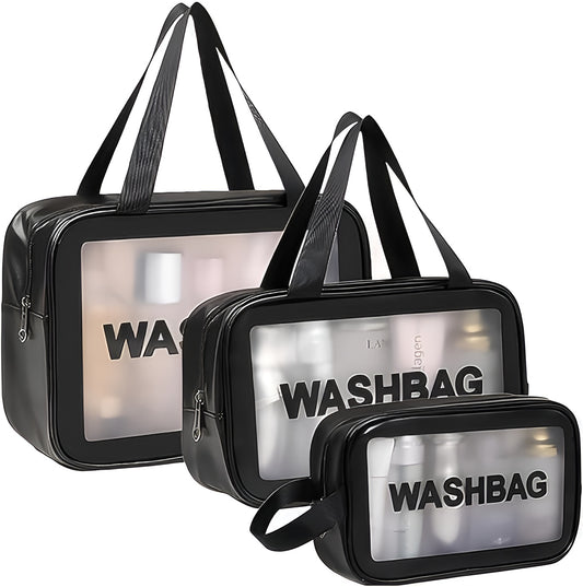 Wash Bag Pouch for Travel – Large Capacity Toiletry Bag with Handle, Waterproof Translucent Cosmetic Organizer for Brushes & Accessories(Pack of 3)