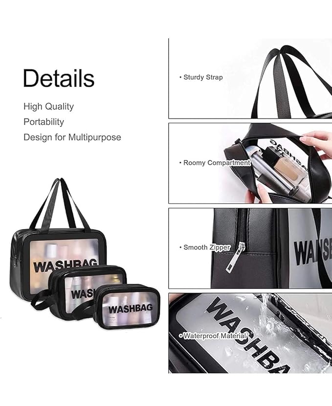 Wash Bag Pouch for Travel – Large Capacity Toiletry Bag with Handle, Waterproof Translucent Cosmetic Organizer for Brushes & Accessories(Pack of 3)