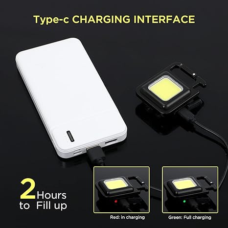 LED Mini COB Magnetic Keychain Flashlight – USB-Rechargeable, 1,000 Lumens, Folding Stand & Bottle-Opener, Black