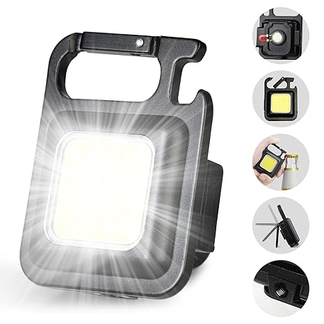 LED Mini COB Magnetic Keychain Flashlight – USB-Rechargeable, 1,000 Lumens, Folding Stand & Bottle-Opener, Black