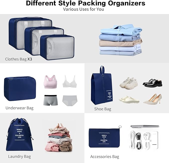 Travel Organizer 7 in 1 Travel Laundry Cosmetics Luggage Packing Organizers Set Makeup Bags Organizer Packing Cubes with Shoe Bag for travel, Nylon.