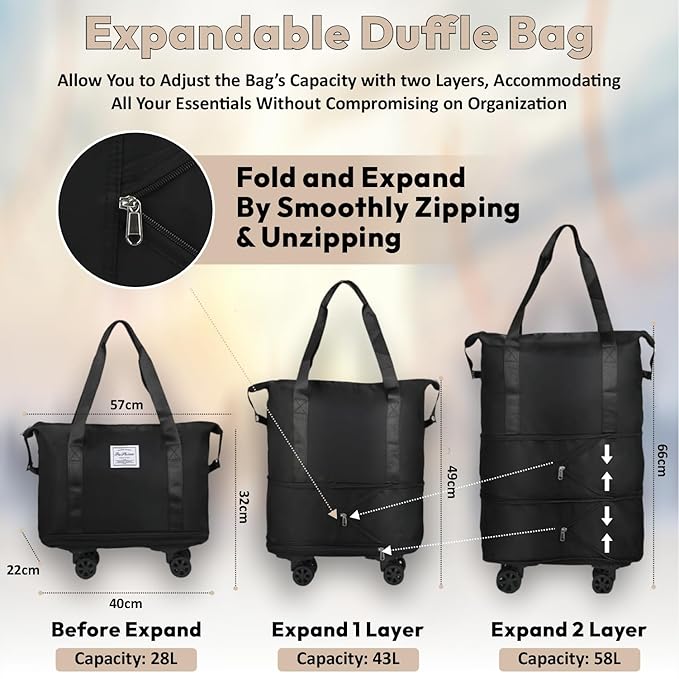 Foldable & Expandable 2-Layer Nylon Duffle Bag with Wheels – Waterproof Travel Luggage for Men & Women