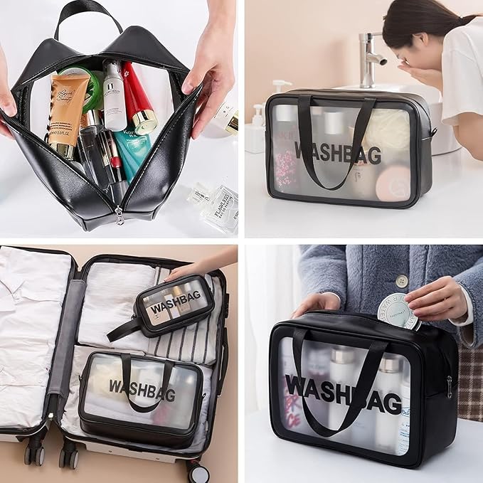 Wash Bag Pouch for Travel – Large Capacity Toiletry Bag with Handle, Waterproof Translucent Cosmetic Organizer for Brushes & Accessories(Pack of 3)