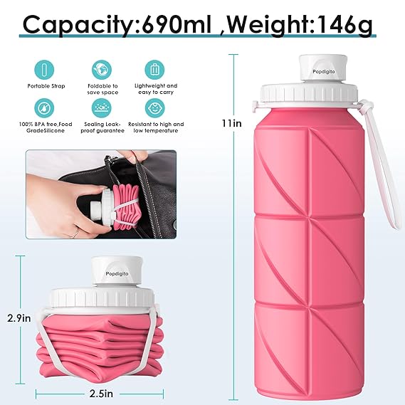 Foldable Silicone Water Bottle 600ml – Leak-Proof, BPA-Free, Portable for Travel, Hiking, Gym & Outdoor Activities