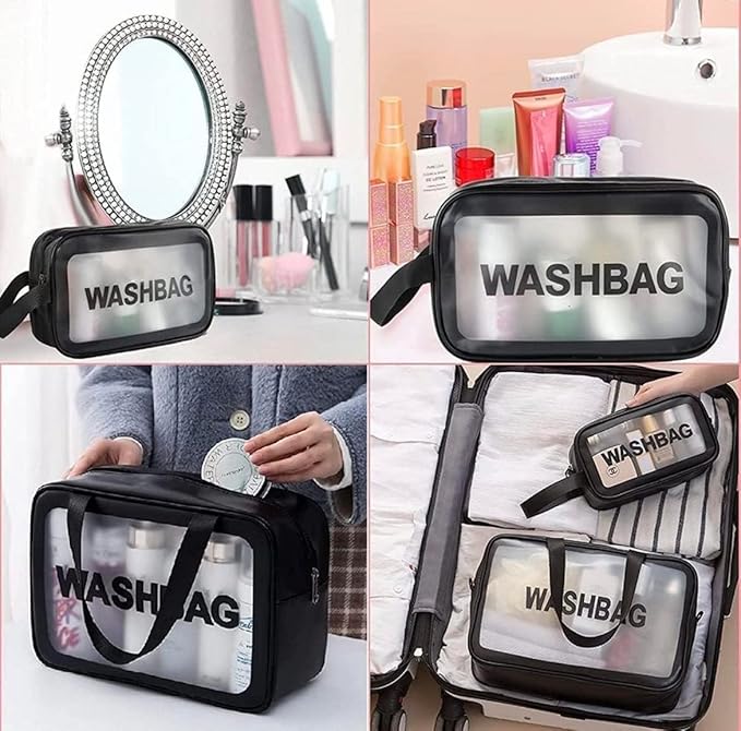Wash Bag Pouch for Travel – Large Capacity Toiletry Bag with Handle, Waterproof Translucent Cosmetic Organizer for Brushes & Accessories(Pack of 3)