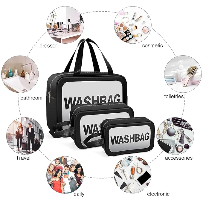 Wash Bag Pouch for Travel – Large Capacity Toiletry Bag with Handle, Waterproof Translucent Cosmetic Organizer for Brushes & Accessories(Pack of 3)
