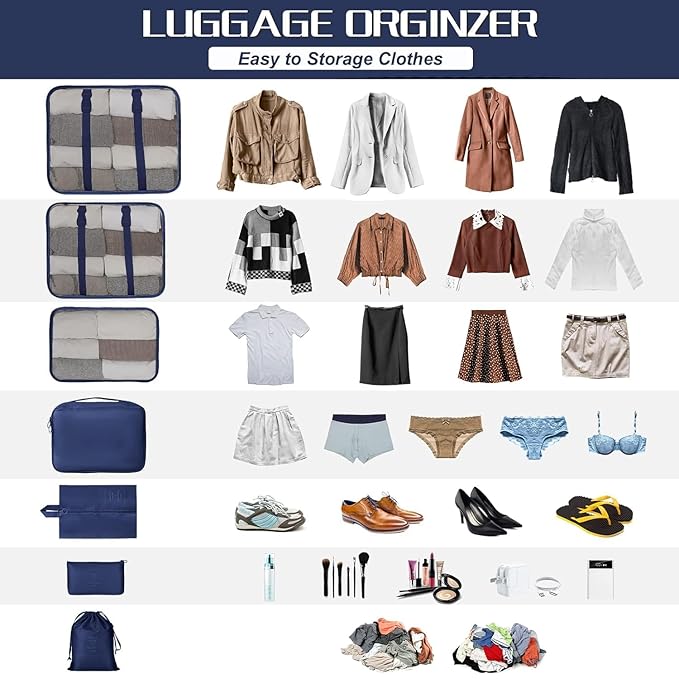 Travel Organizer 7 in 1 Travel Laundry Cosmetics Luggage Packing Organizers Set Makeup Bags Organizer Packing Cubes with Shoe Bag for travel, Nylon.