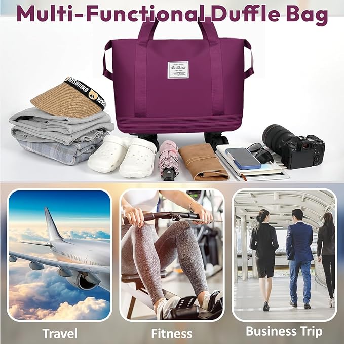 Foldable & Expandable 2-Layer Nylon Duffle Bag with Wheels – Waterproof Travel Luggage for Men & Women