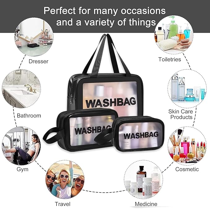 Wash Bag Pouch for Travel – Large Capacity Toiletry Bag with Handle, Waterproof Translucent Cosmetic Organizer for Brushes & Accessories(Pack of 3)